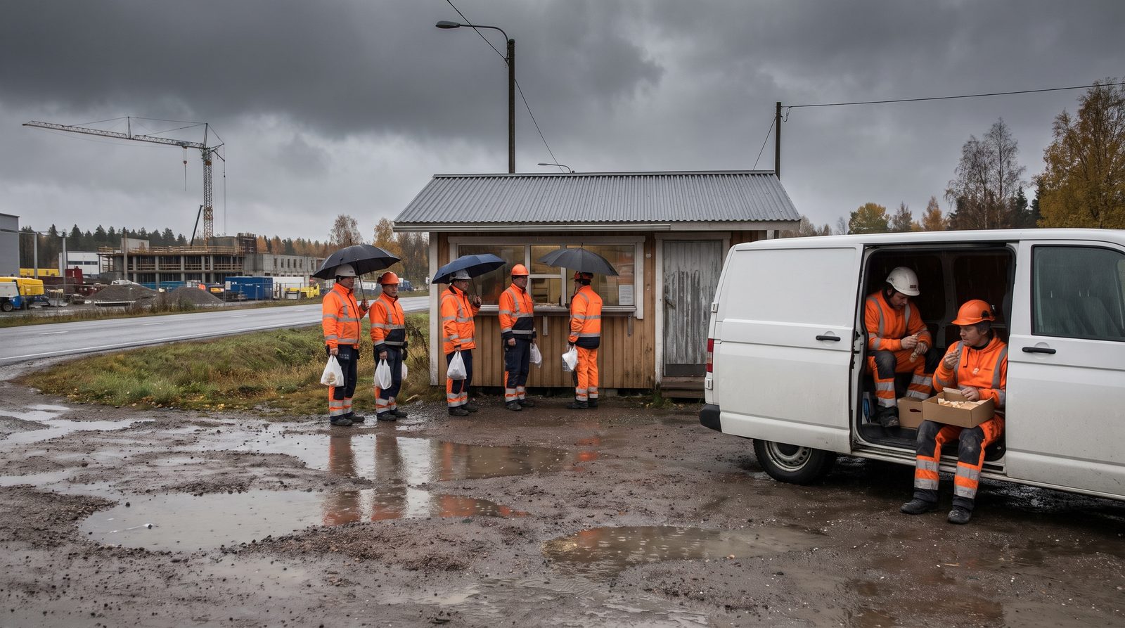 Työntekijät jonottavat sateessa pienen tienvarsikioskin edessä, osa syö pakettiautossa
