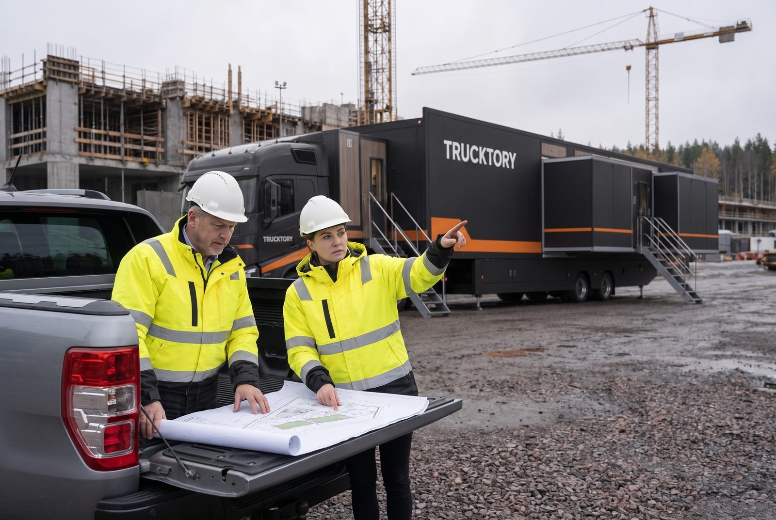 Kaksi työnjohtajaa tarkastelee työmaasuunnitelmaa, taustalla Trucktory-rekka
