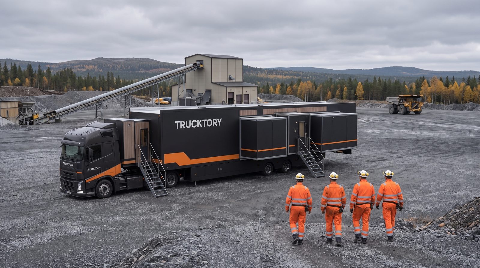 Trucktory-rekka kaivosalueella, kaivostyöntekijät kävelevät rekkaa kohti