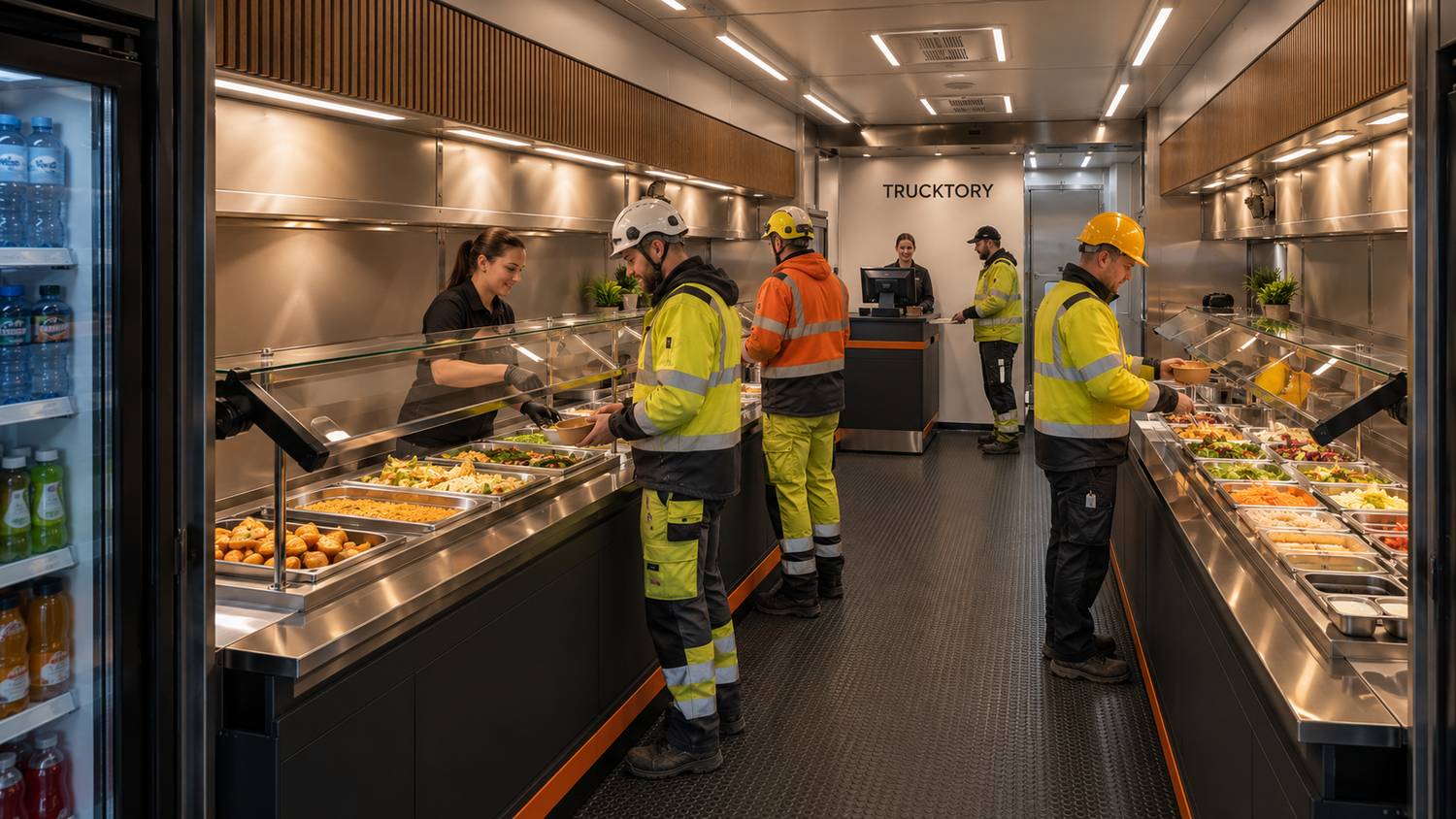 Työntekijät huomiovaatteissa noutamassa ruokaa Trucktoryn linjastolta