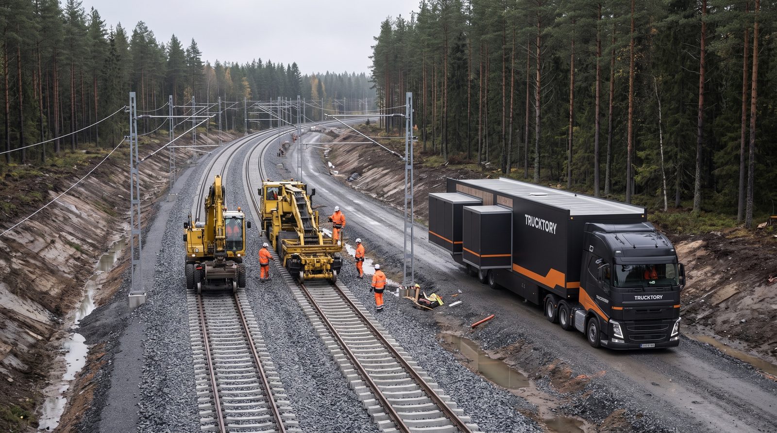 Ratatyömaa metsäleikkauksessa, Trucktory-rekka huoltotiellä radan vieressä