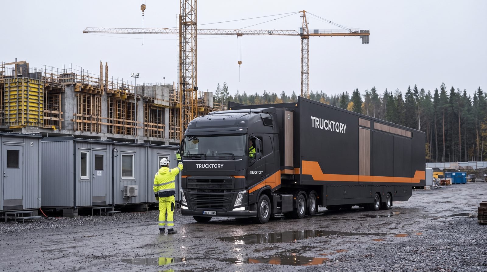 Trucktory-rekka peruutetaan paikalleen työmaan pihalle, työntekijä opastaa huomioliivissä