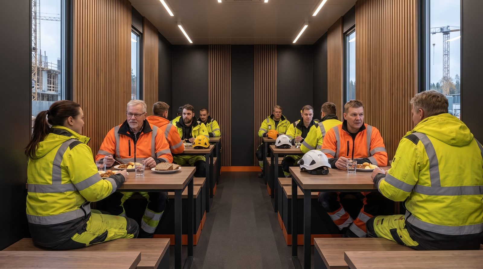 Työntekijät syövät lämmintä lounasta Trucktoryn ruokailutilassa