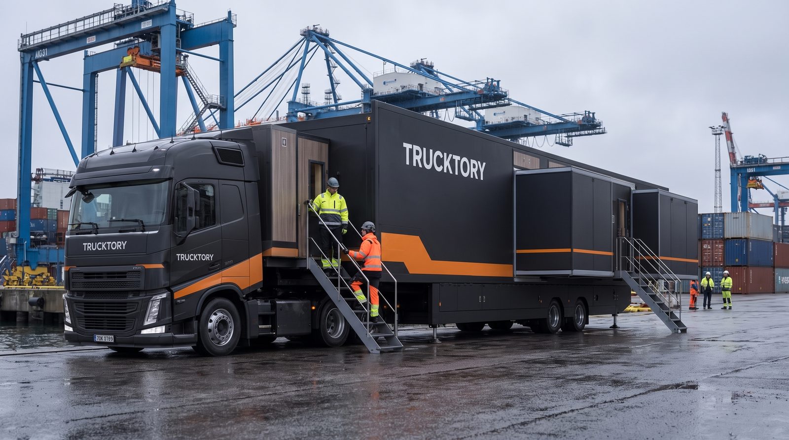 Trucktory-rekka satamalaiturilla konttinostureiden edessä