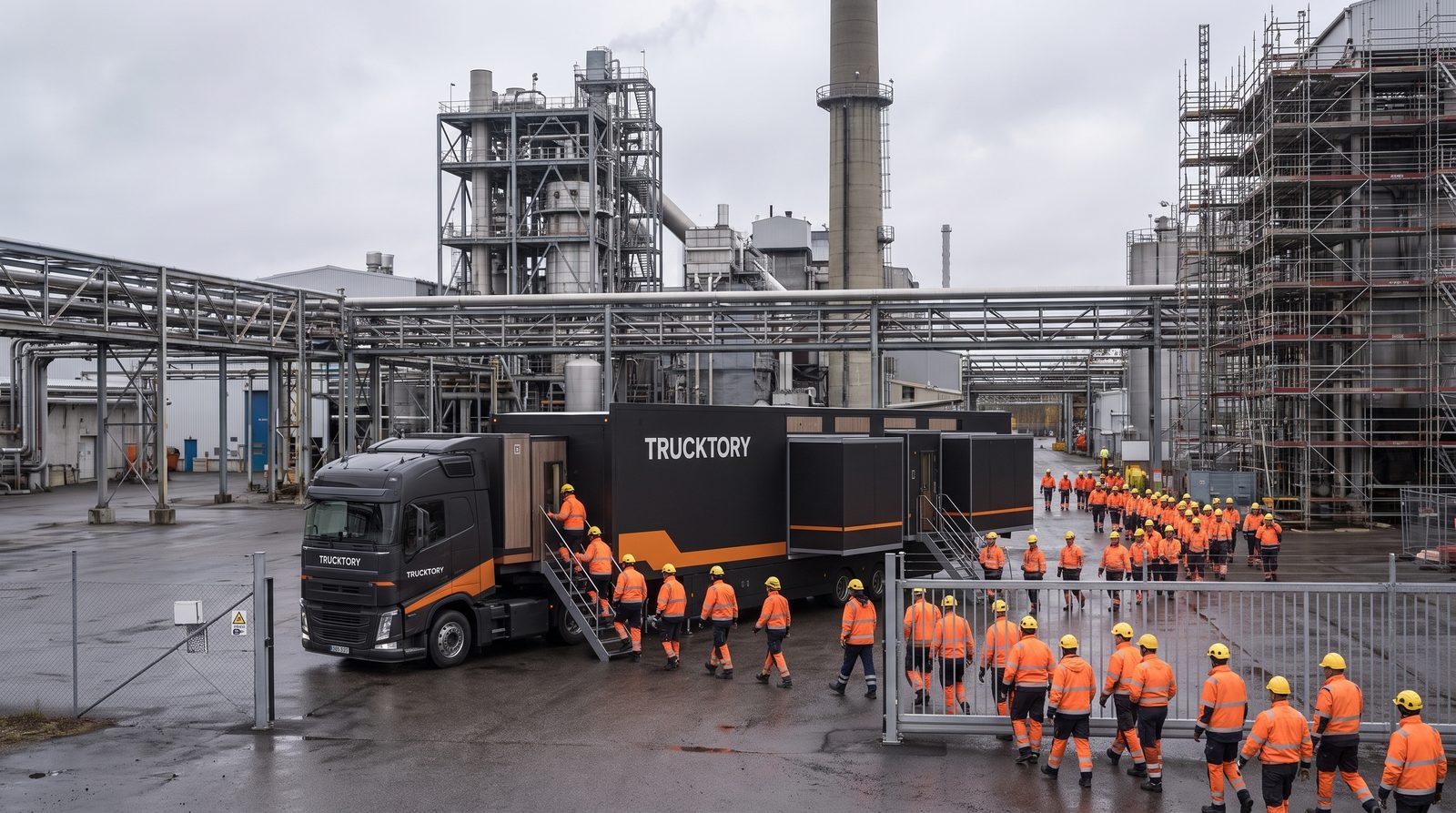 Kunnossapitotyöntekijät saapuvat tehdasalueen portista, Trucktory-rekka pihalla