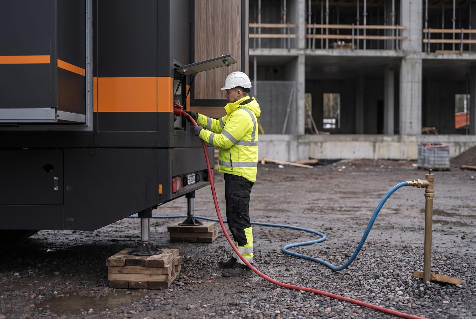Sähköasentaja kytkee virtakaapelia Trucktory-rekan liitäntäpaneeliin, vesiletku kulkee soralla
