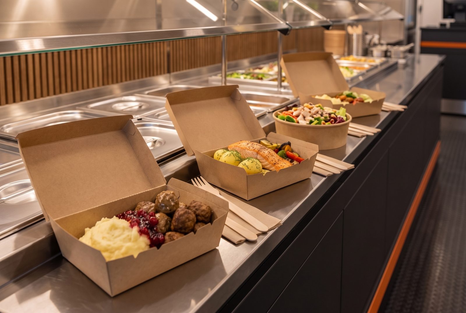 Avoimia takeaway-rasioita: lihapullia ja muusia, lohta ja perunoita, salaattikulho