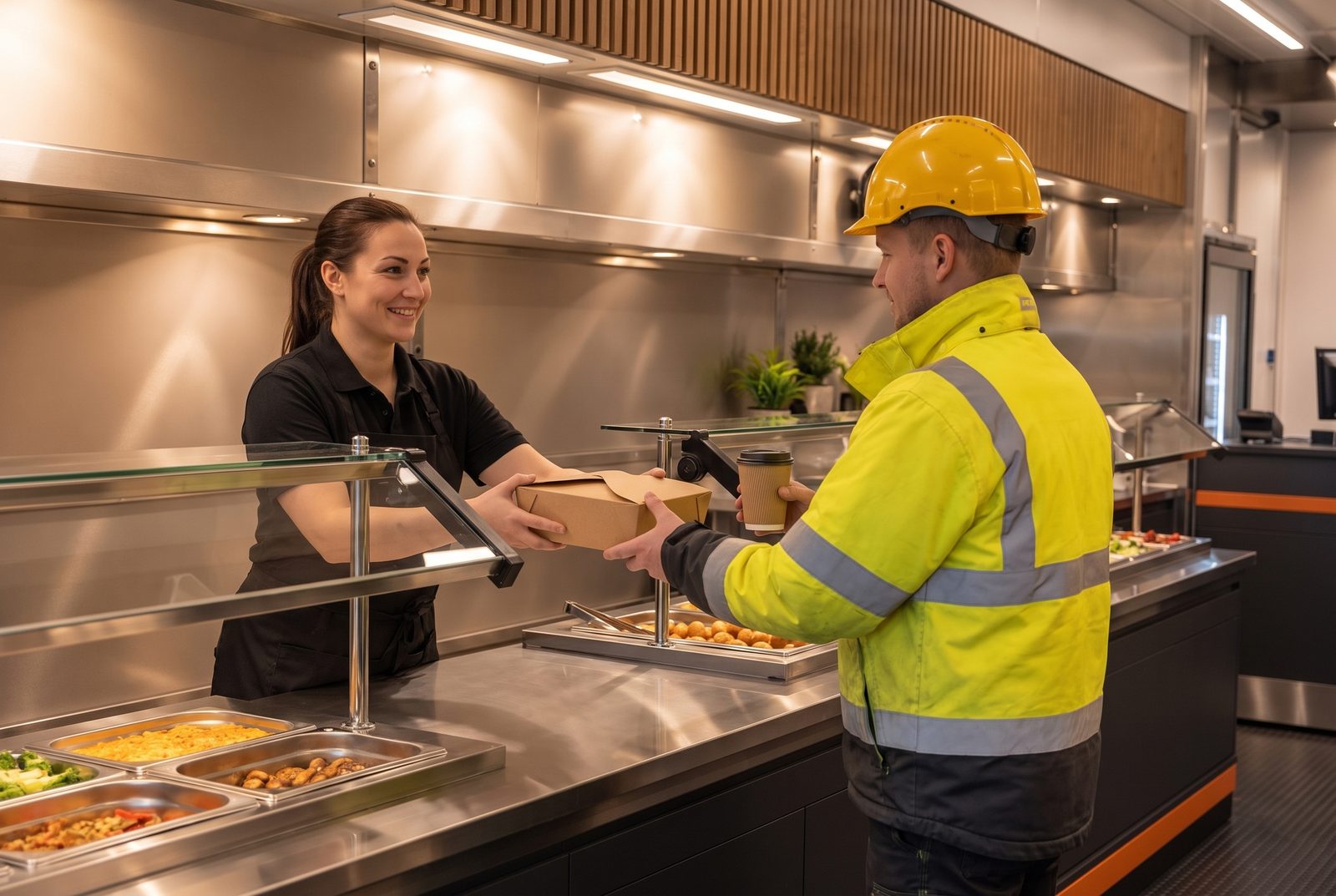 Työntekijä noutaa takeaway-lounaan ja kahvin Trucktoryn palvelutiskiltä