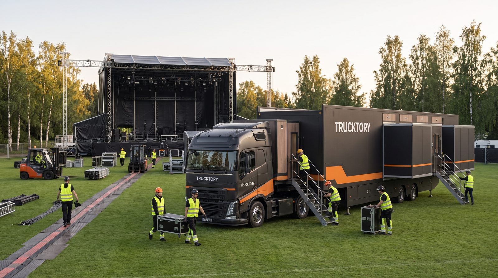 Festivaalilavan rakennus kesäillassa, Trucktory-rekka backstage-alueella